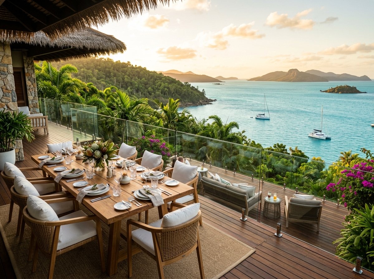 Sunlit luxury villa terrace overlooking the Whitsundays